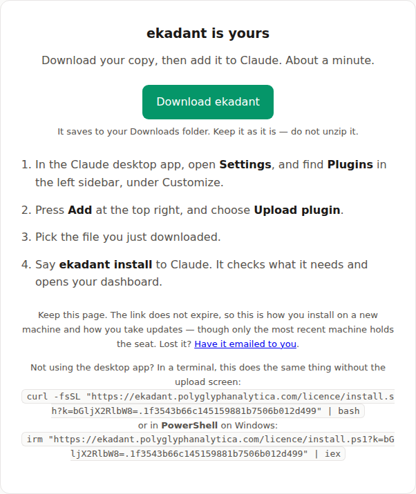 The page that opens after payment: a Download Product development button, then four numbered steps — Settings, Plugins, Add, Upload plugin, and then say product-development install.