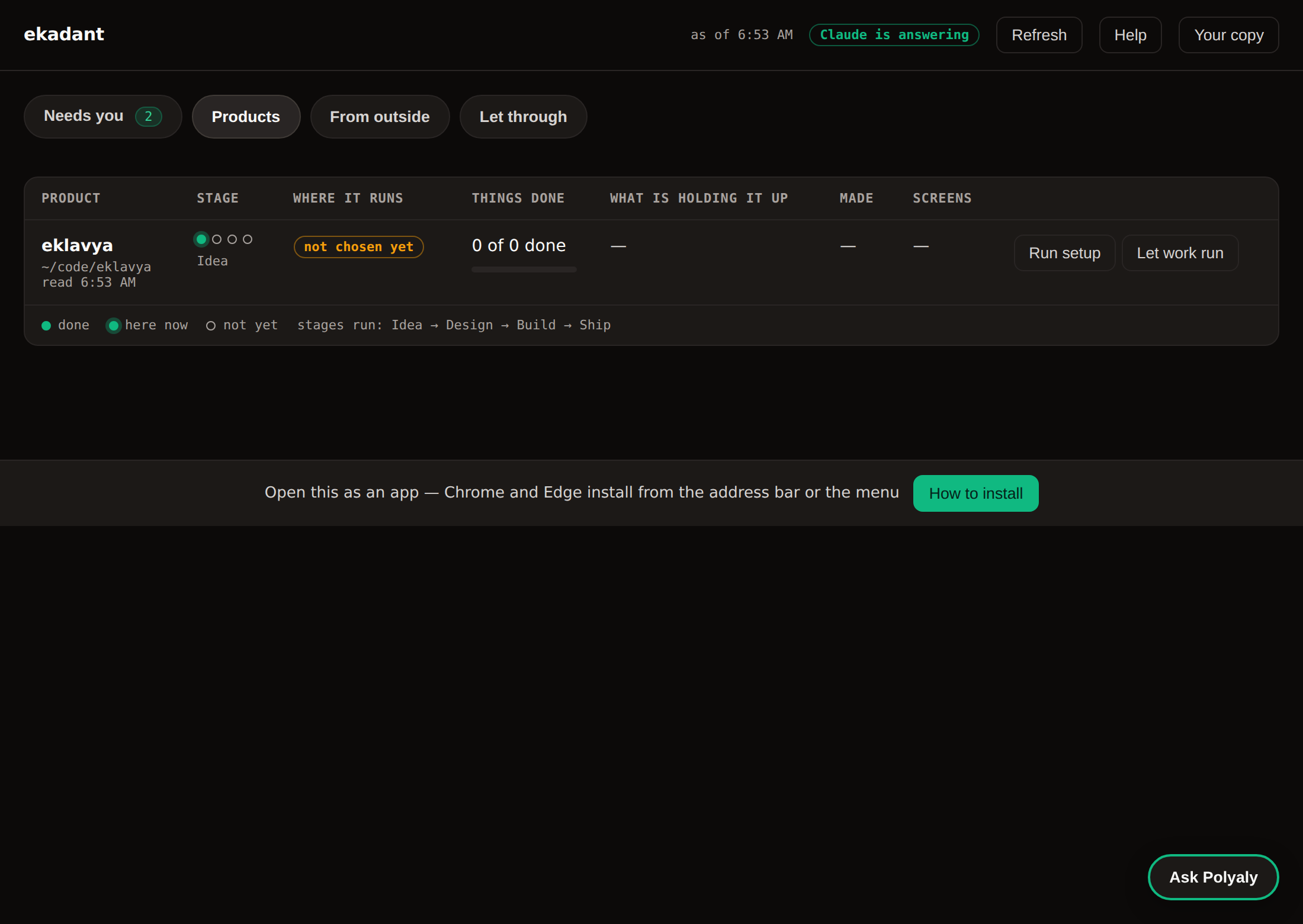 The products tab, listing each product with its stage, where it runs, how much is done, and what is holding it up.